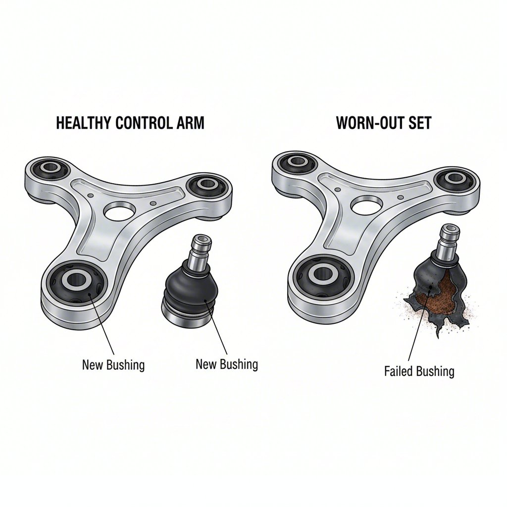 diagram showing the difference between a new and a worn control arm bushing