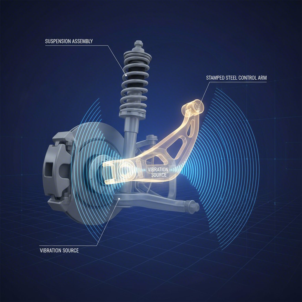 stylized view of a vehicles suspension system highlighting a control arm