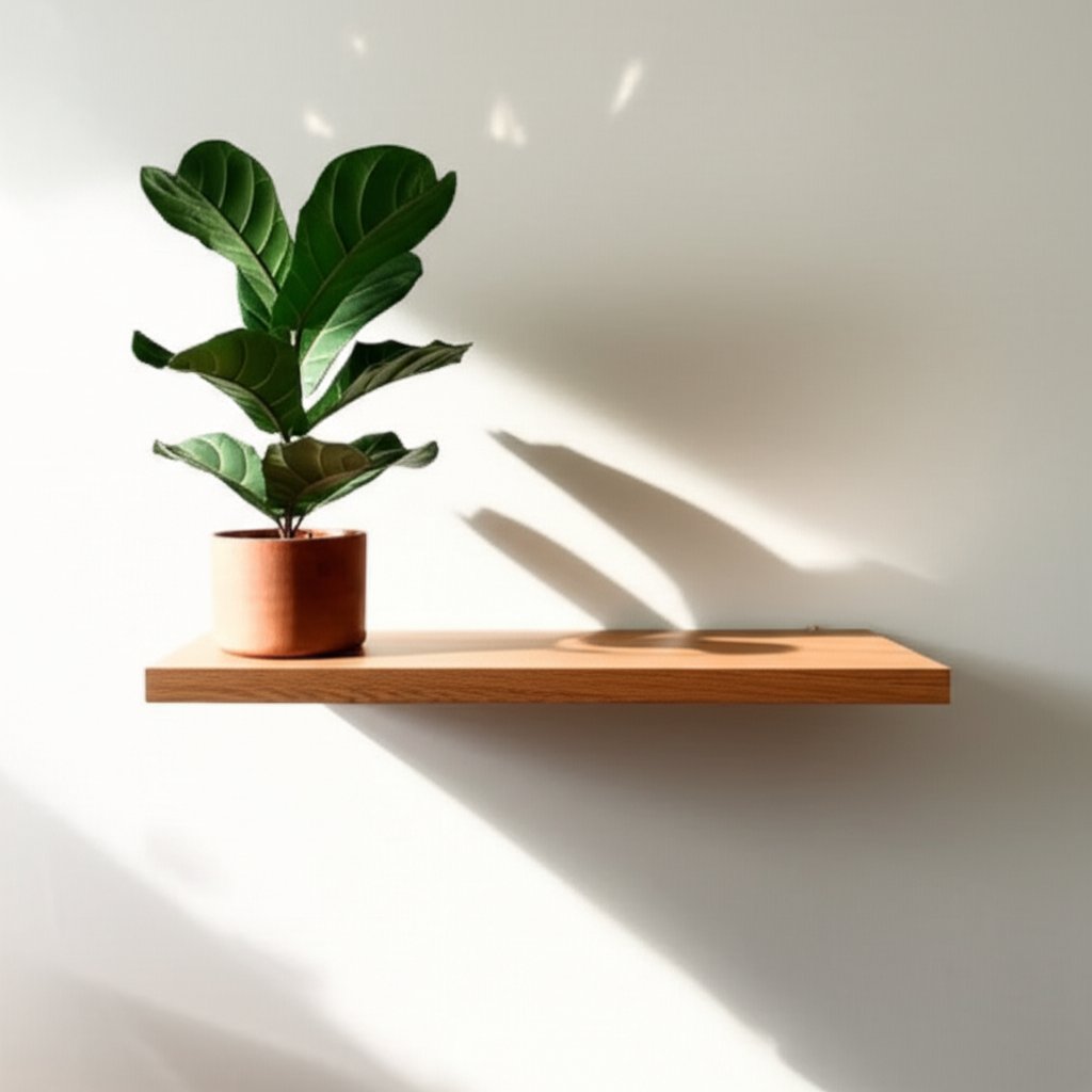 minimalist floating shelf supported by hidden brass rod brackets for a seamless look