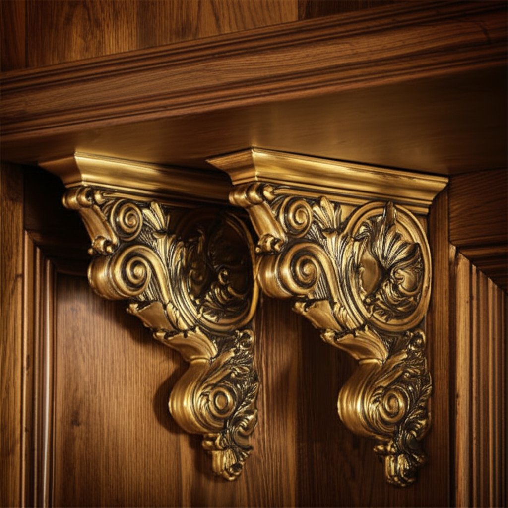 ornate cast brass corbel brackets providing strong decorative support for a statement shelf