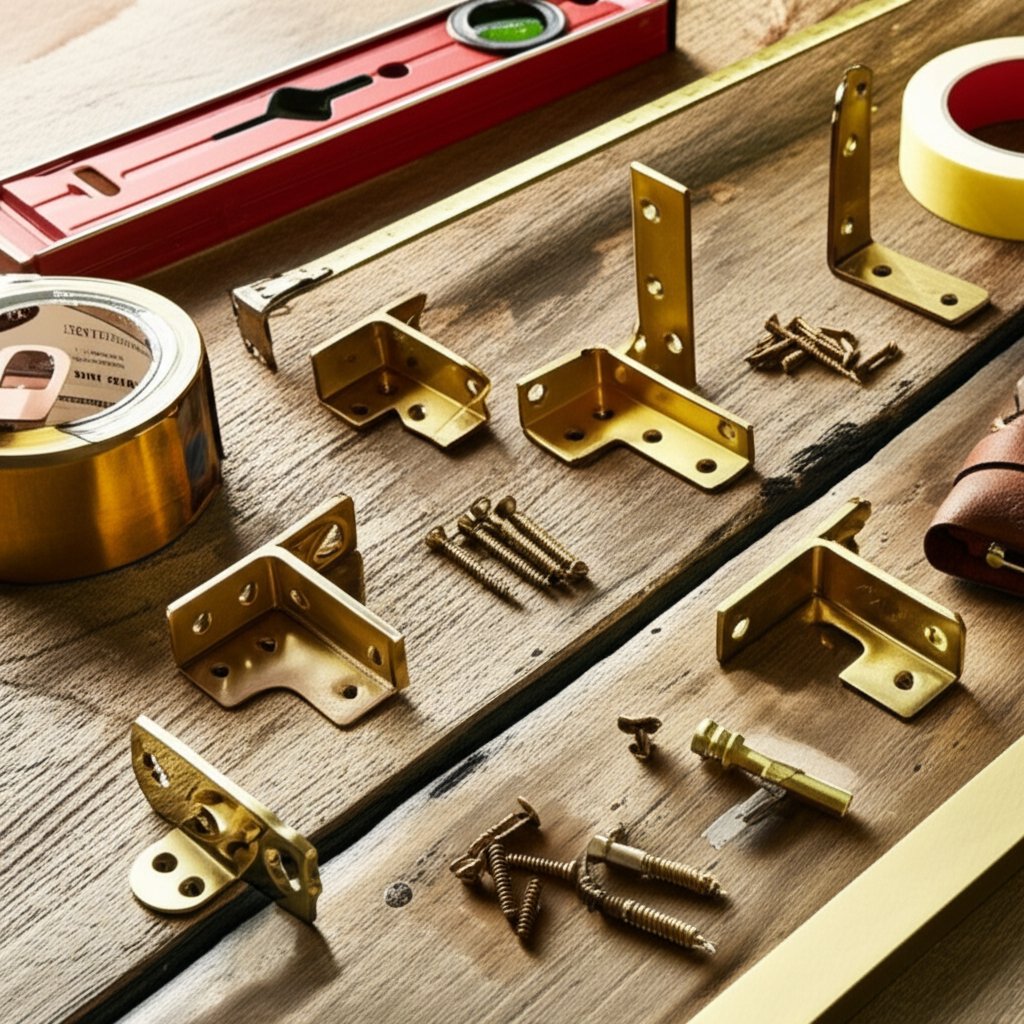 selection of brass shelf brackets and installation tools for planning the perfect shelving project