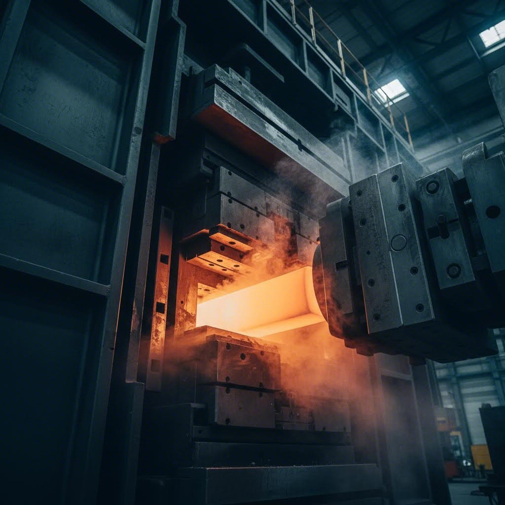 hot aluminum extrusion process with heated billet flowing through precision die