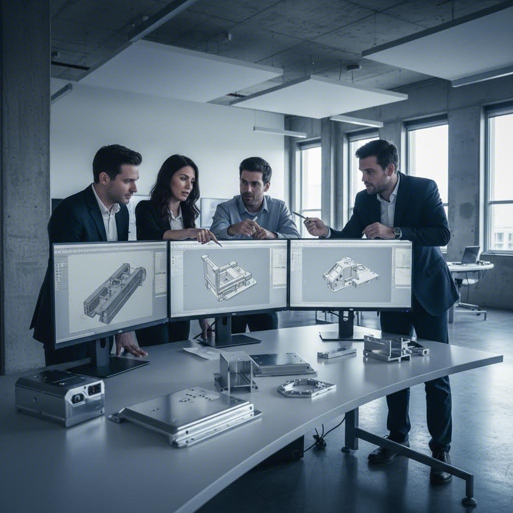 engineering team reviewing sheet metal designs during dfm process