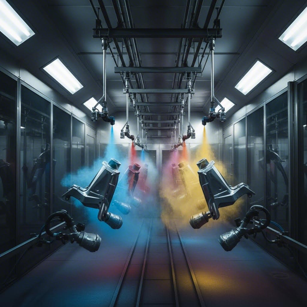 powder coating process applying durable finish to fabricated metal parts