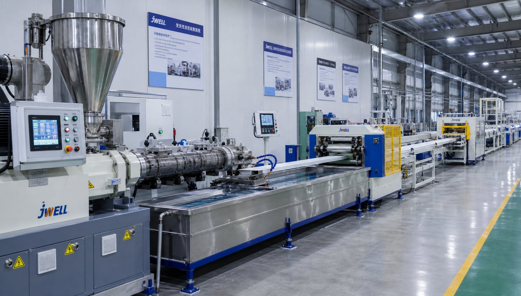 a complete extrusion line showing downstream cooling haul off and cutting stations synchronized with the extruder