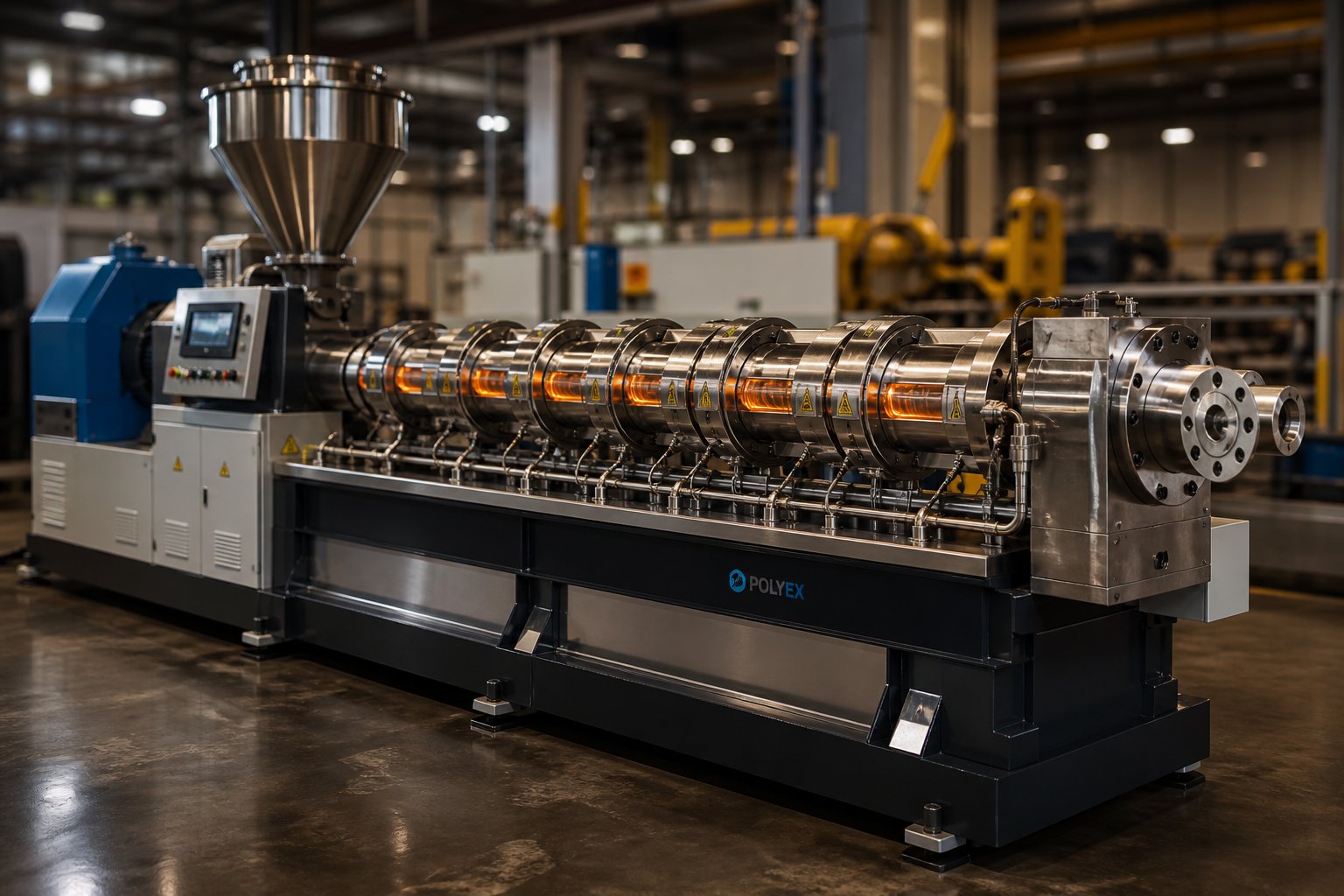 a plastic single screw extruder on the production floor showing the barrel heater bands hopper and die assembly