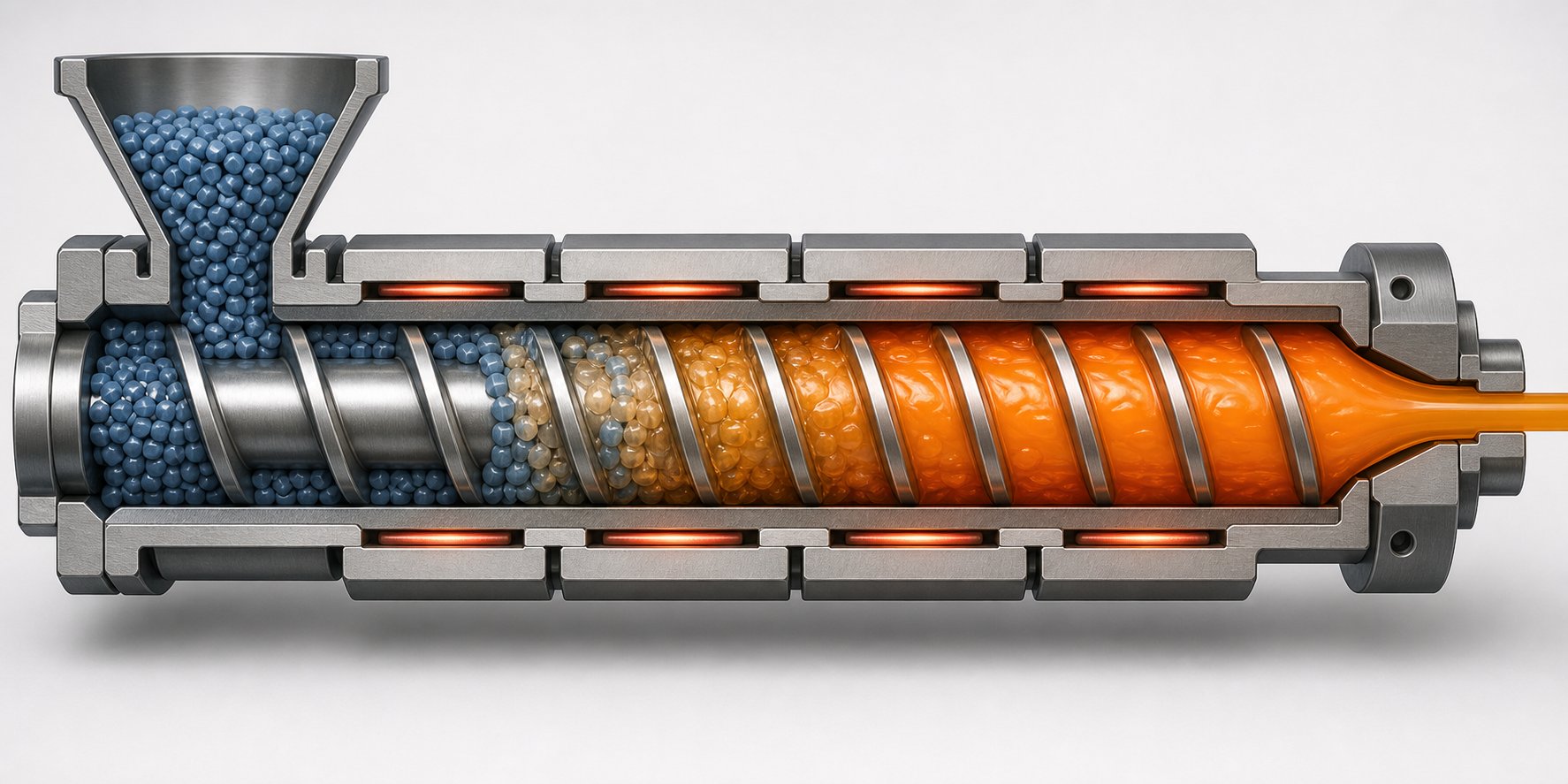 cutaway view of the three functional zones inside a single screw extruder barrel during polymer melting