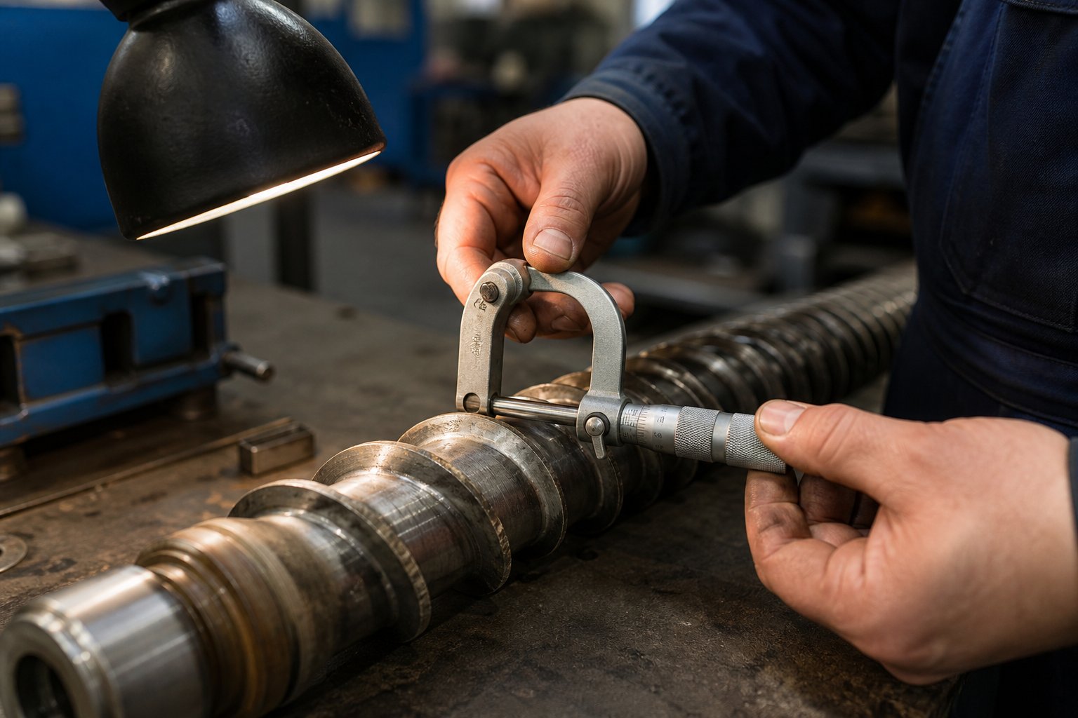 measuring extruder screw flight diameter with a micrometer to assess wear and determine replacement timing