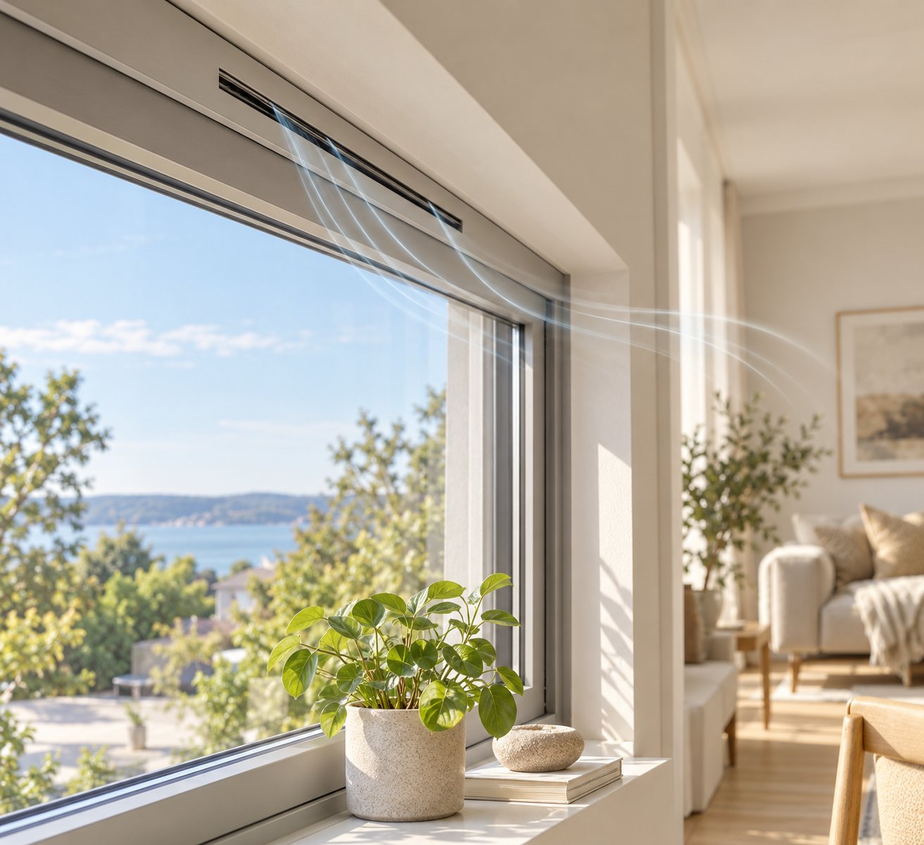 a slim window air vent integrated into an aluminium frame delivers continuous fresh air without compromising security or aesthetics
