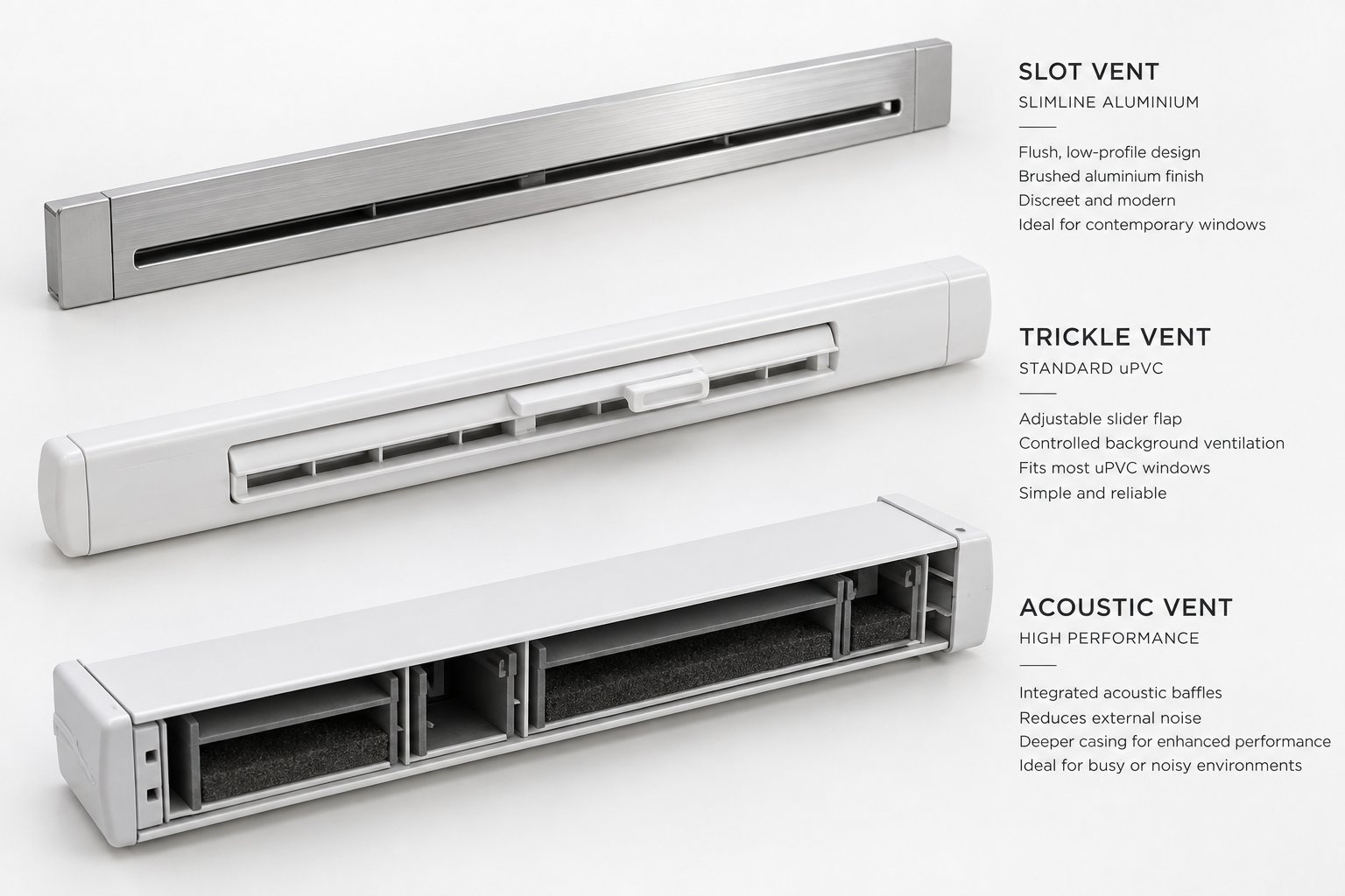 common window vent types include slim slot vents standard trickle vents and sound attenuating acoustic vents