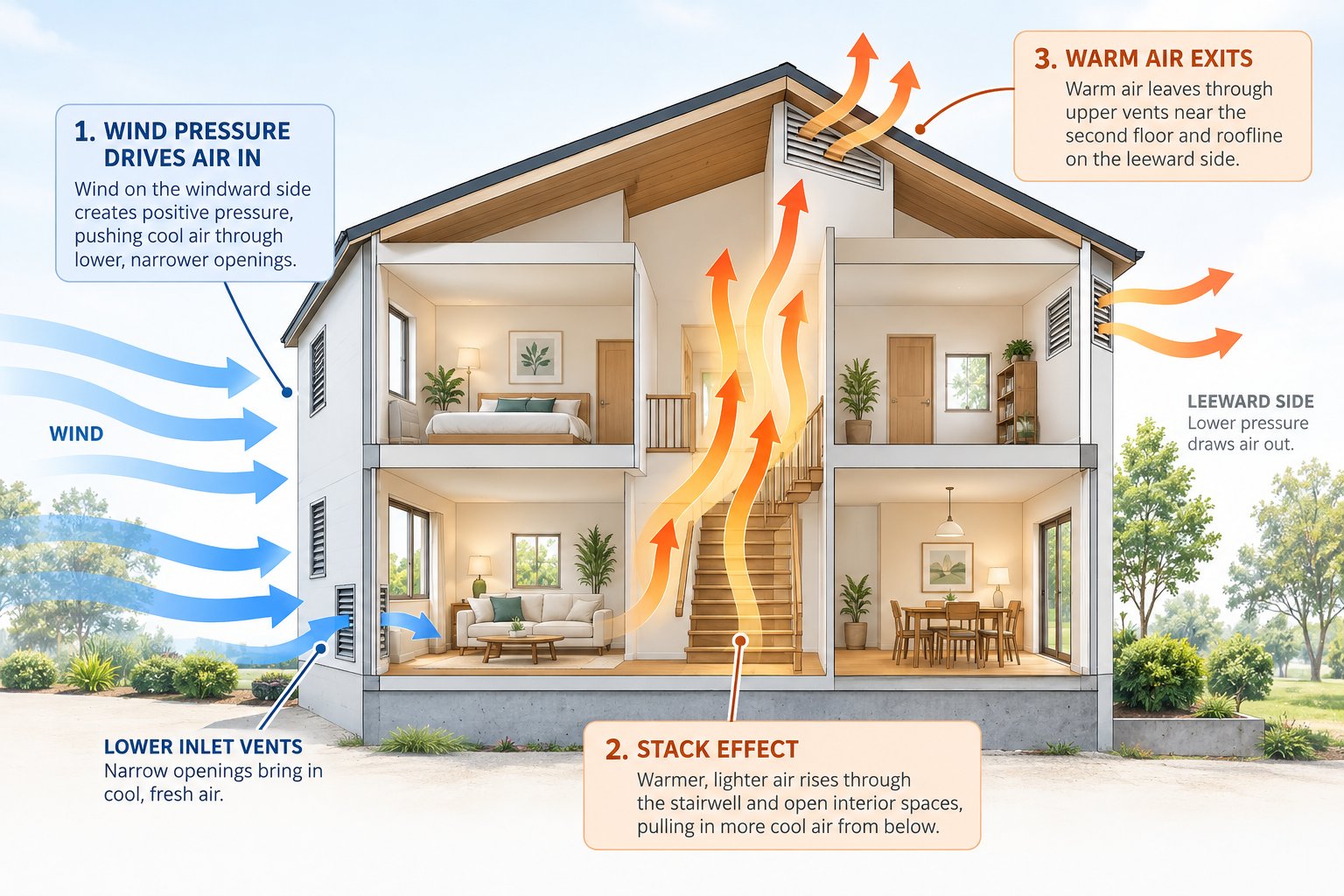 wind pressure and the stack effect work together to drive continuous fresh airflow through window air vents