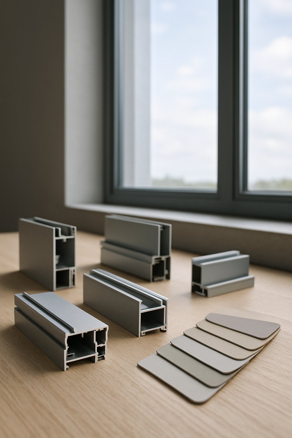 aluminum window profile samples and finish options in a modern design setting