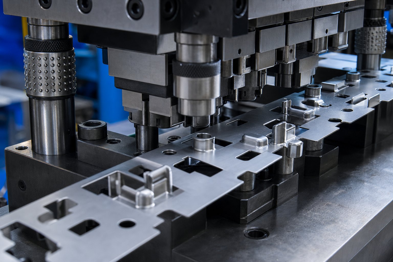 progressive stamping die strip showing bypass notches that create clearance for formed features passing through downstream stations