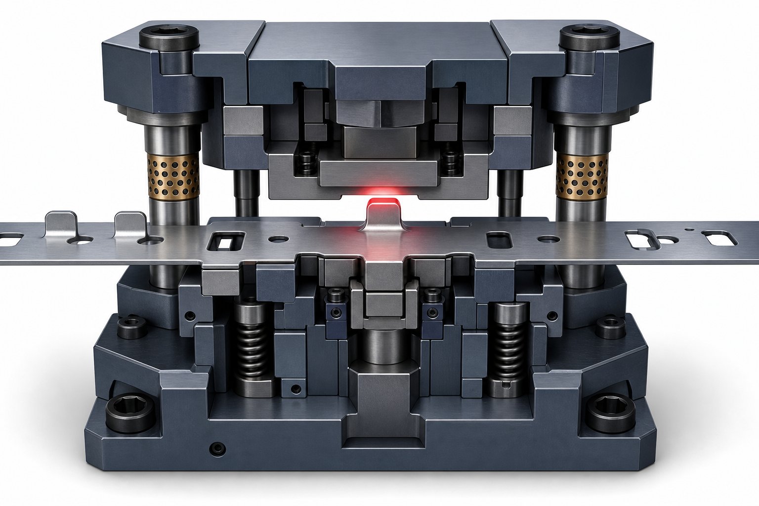 strip interference occurs when formed features protruding above or below the strip plane collide with downstream die components