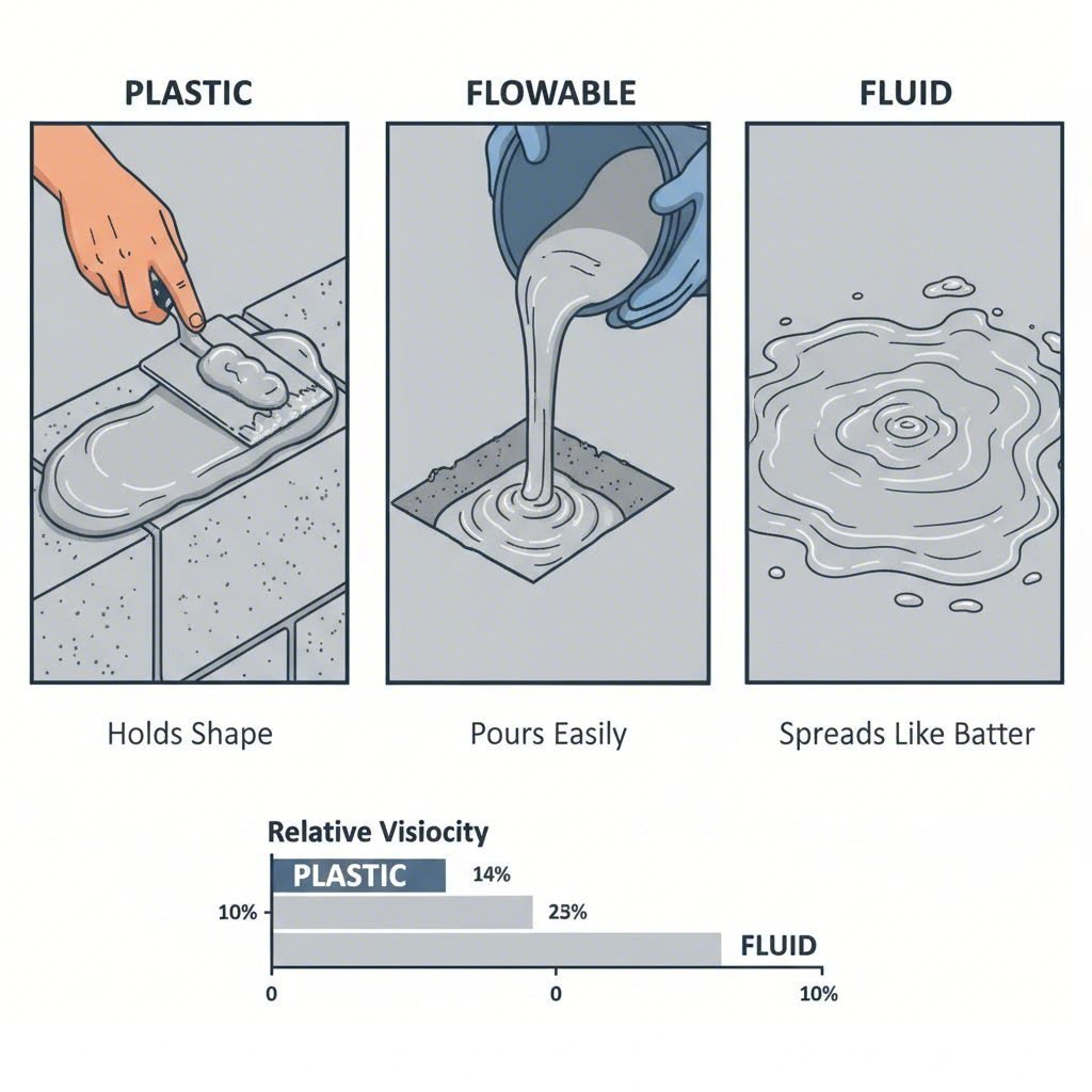 Grout consistency varies from stiff plastic to liquid fluid based on water ratio