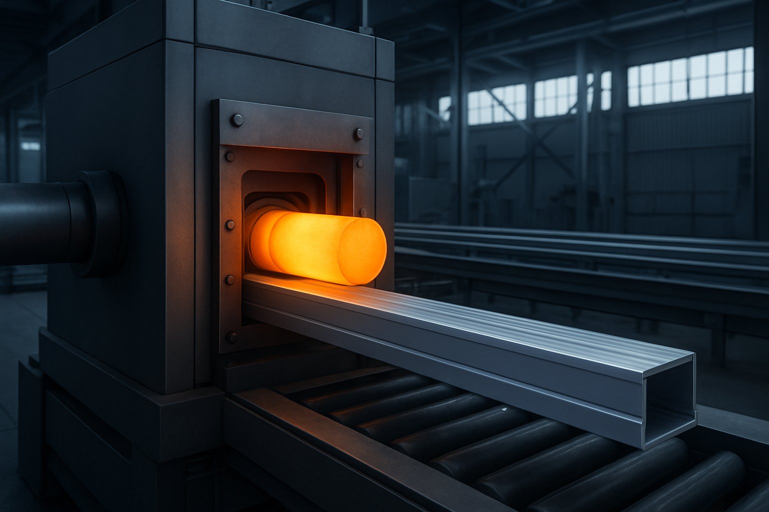 aluminum extrusion forming a continuous profile from a heated billet