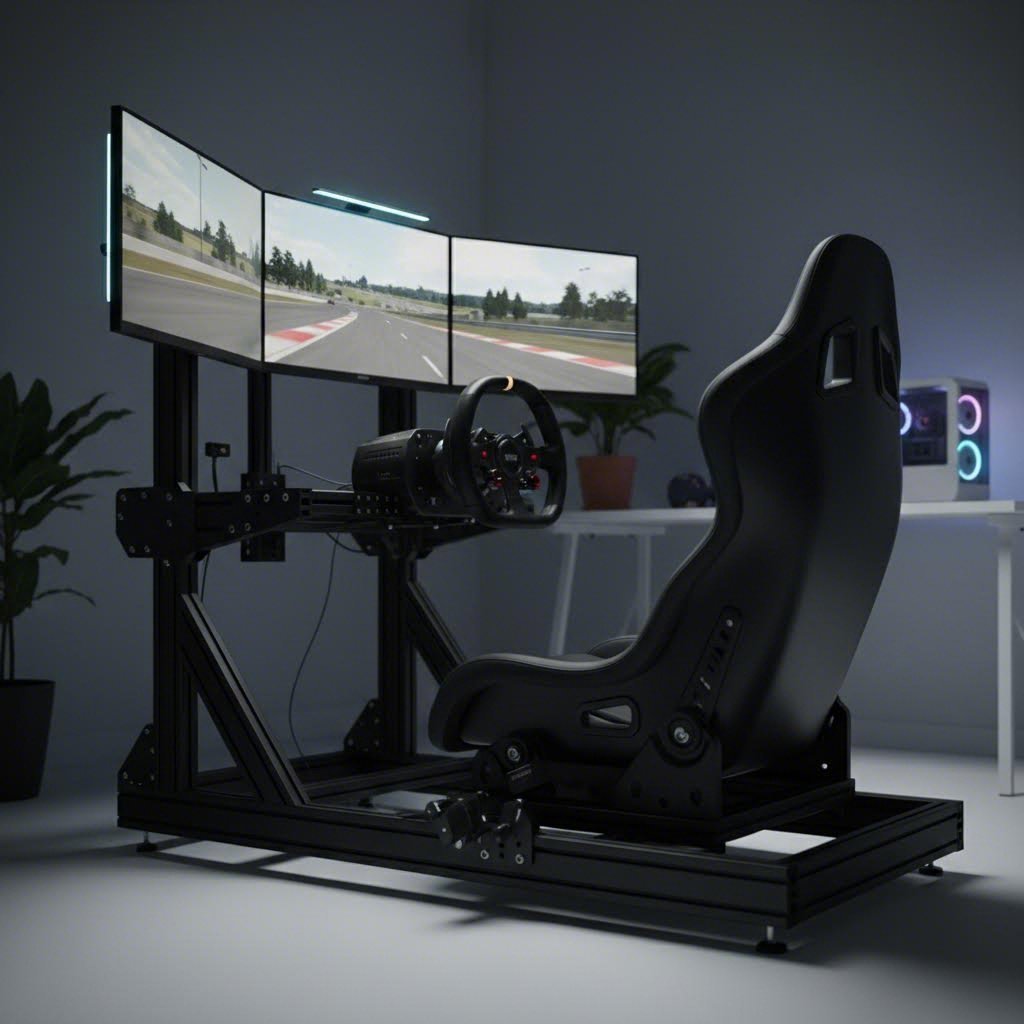 a professional aluminum extrusion sim racing rig showcasing modular t slot construction and premium components