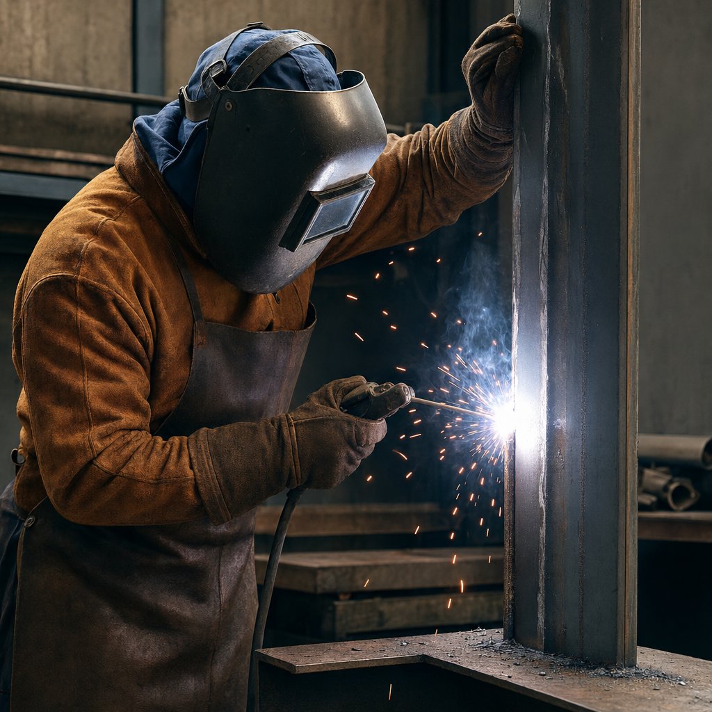 welder performing vertical stick welding on an upright steel joint