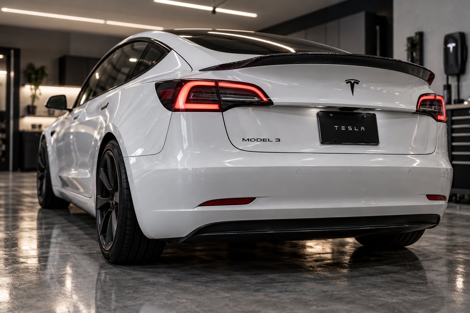 a carbon fiber spoiler adds a sporty rear profile to a tesla model 3 trunk lid