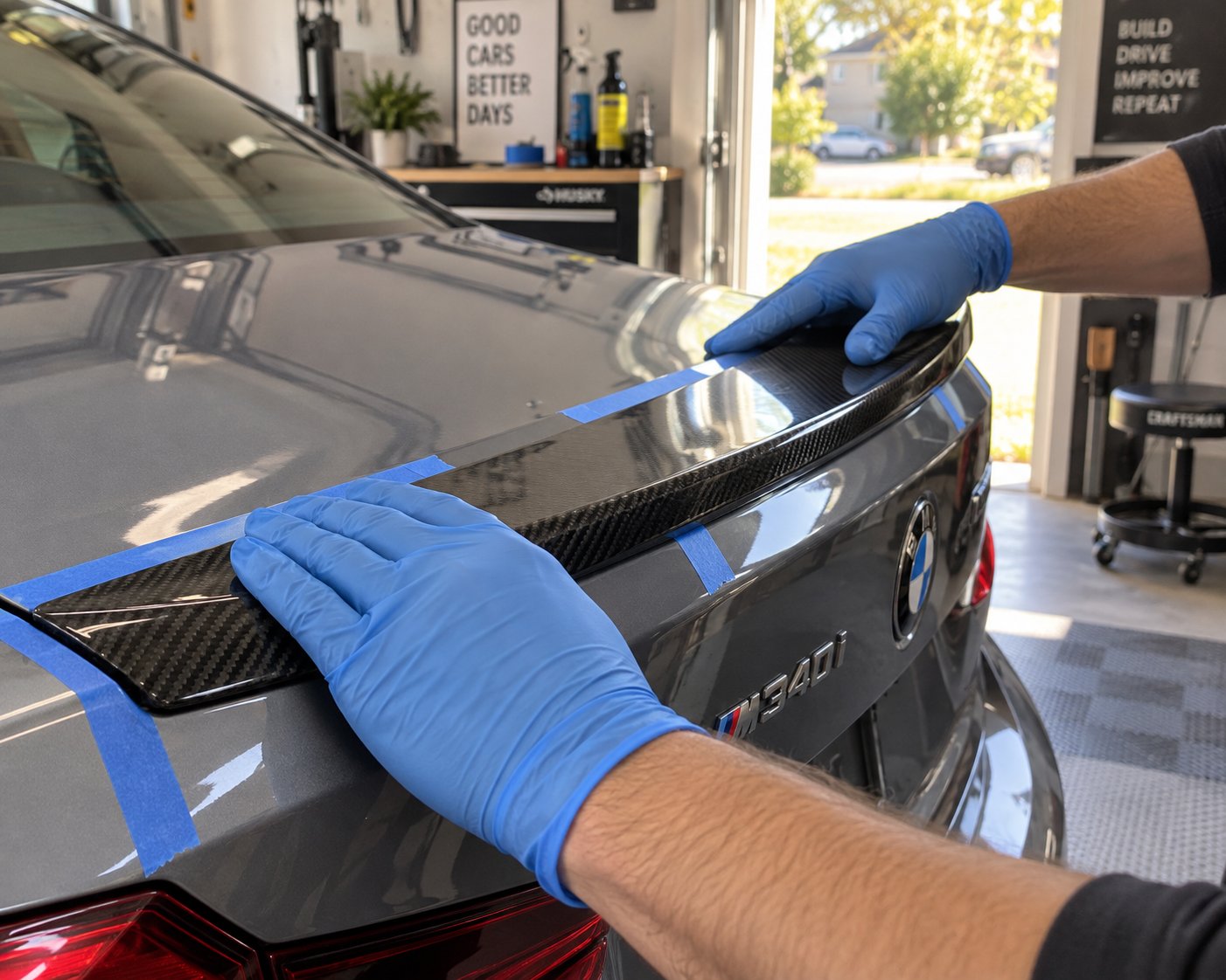pressing from center outward ensures even adhesive contact during spoiler mounting