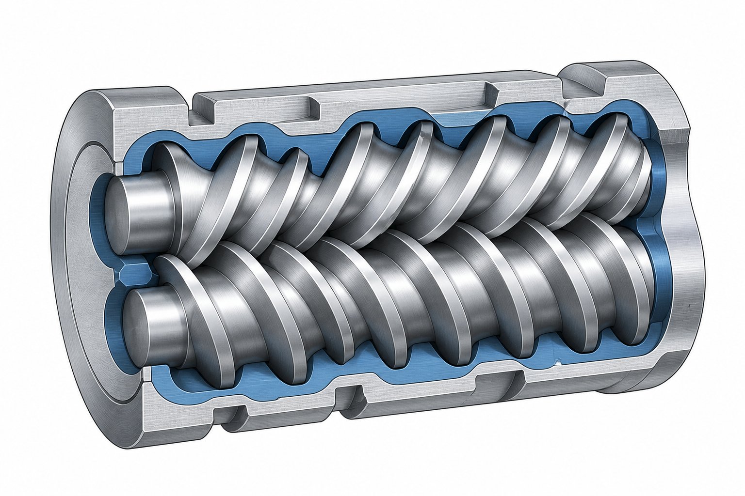 cross section of intermeshing twin screw profiles showing key geometric parameters like flight depth and channel geometry