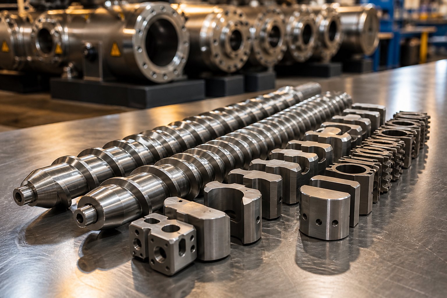 modular twin screw extruder screw elements ready for assembly into a custom processing profile