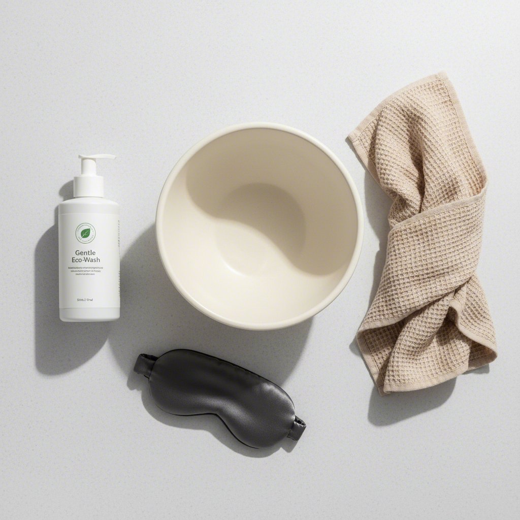 a diagram of the necessary supplies for safely hand washing a satin sleep mask