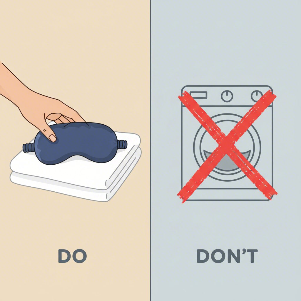 a visual guide showing the dos and donts of drying a delicate sleep mask