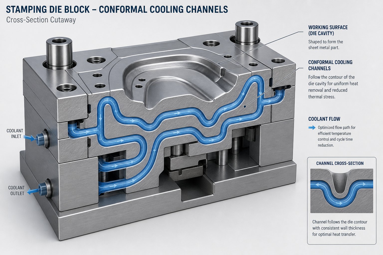 conformal cooling channels follow die surface contours to deliver uniform heat extraction across complex geometries