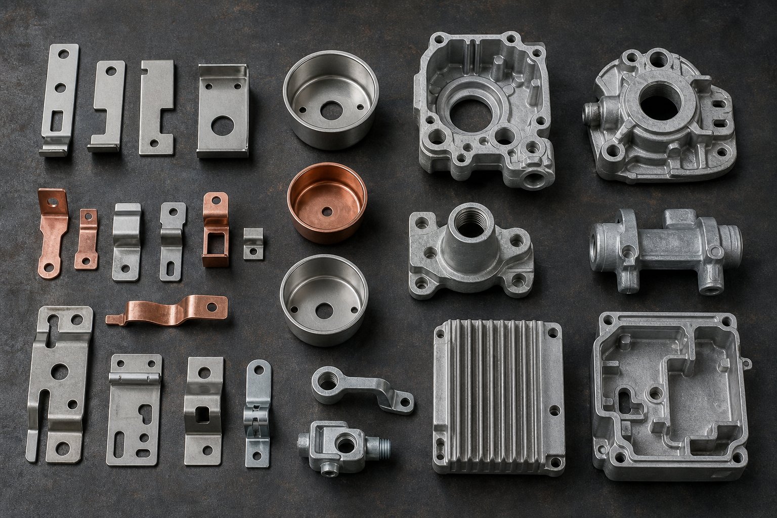 collection of stamped and die cast parts showing the geometric range each manufacturing process delivers for industrial applications