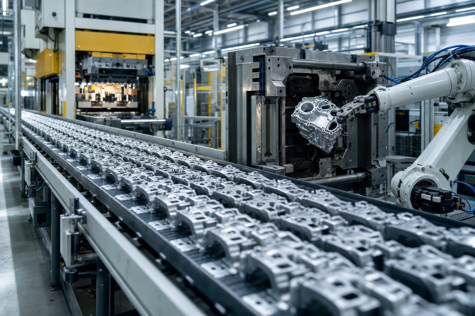 high volume stamping line and die casting cell illustrating the throughput differences between these two metal forming processes