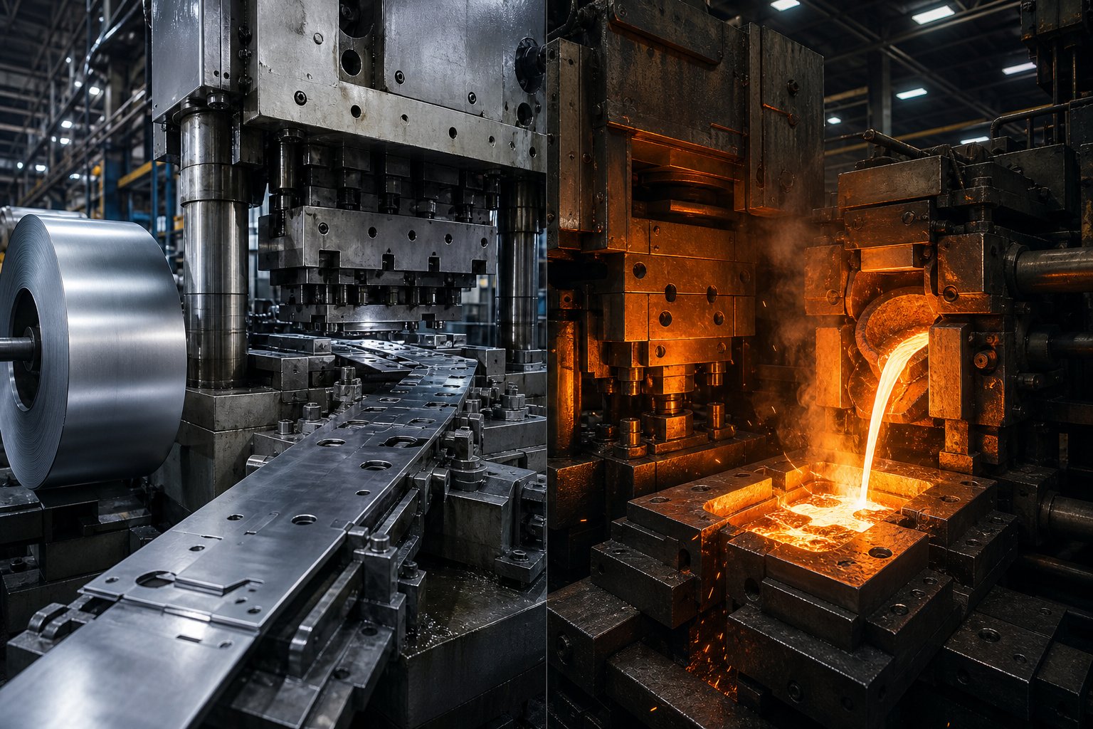 metal stamping press and die casting machine side by side representing the two primary manufacturing processes for precision metal components