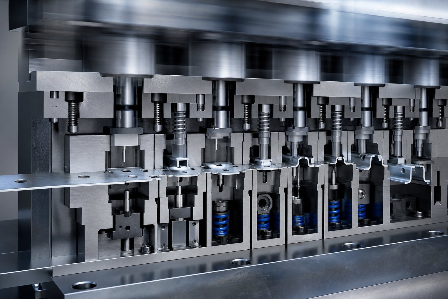 progressive stamping die showing multiple forming stations that shape flat sheet metal into finished components in rapid succession