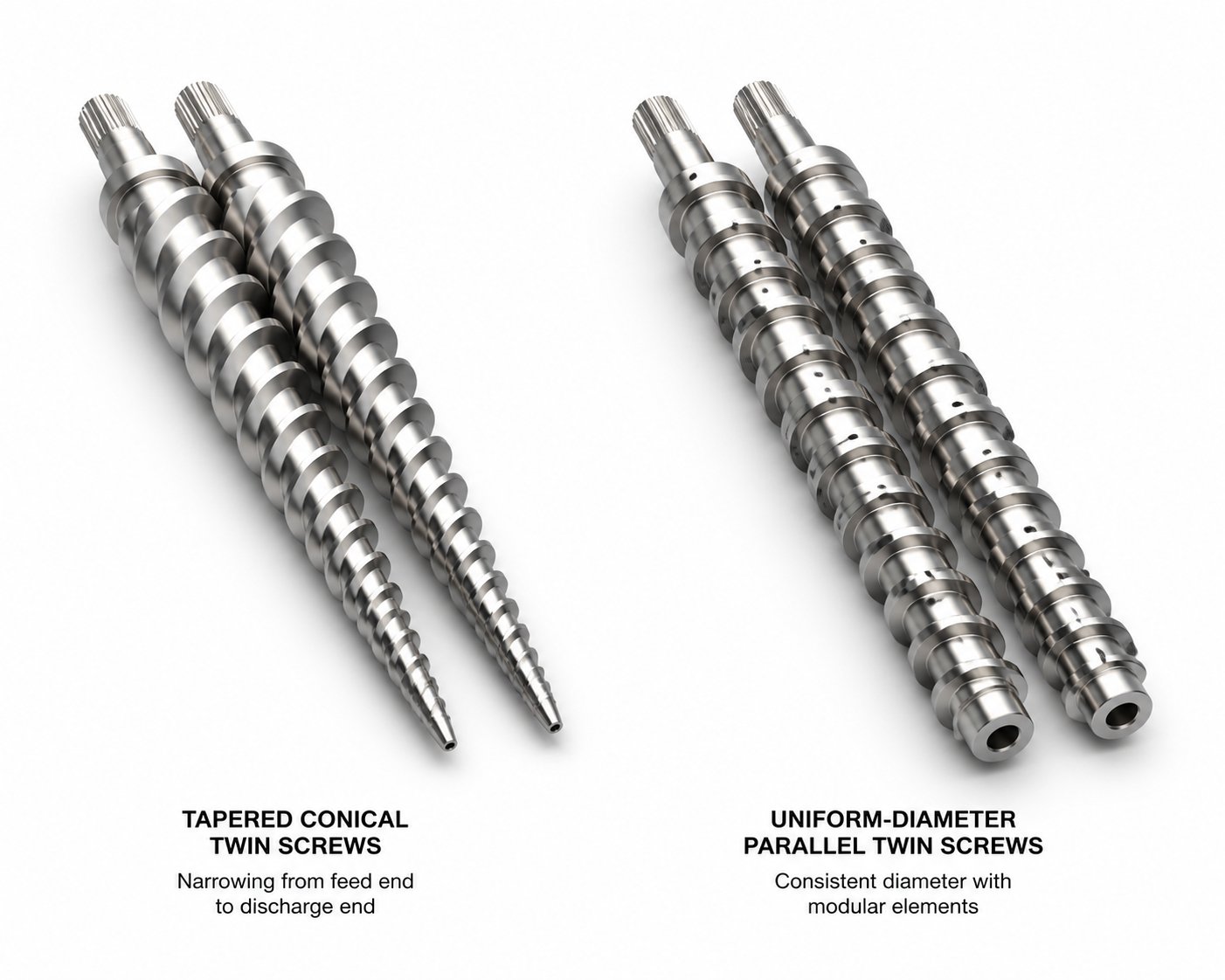 conical versus parallel twin screw geometries showing the tapered compression design and modular segmented layout