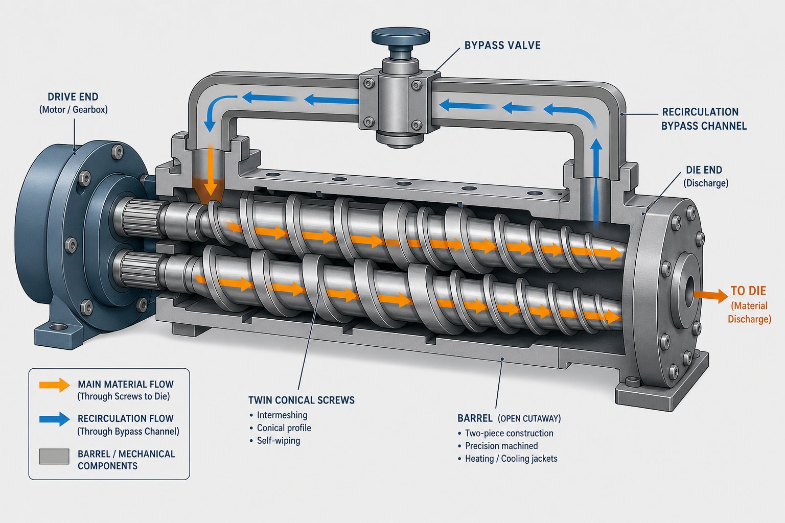 cutaway view of a micro compounder showing recirculation channel that enables batch mode processing of small polymer samples