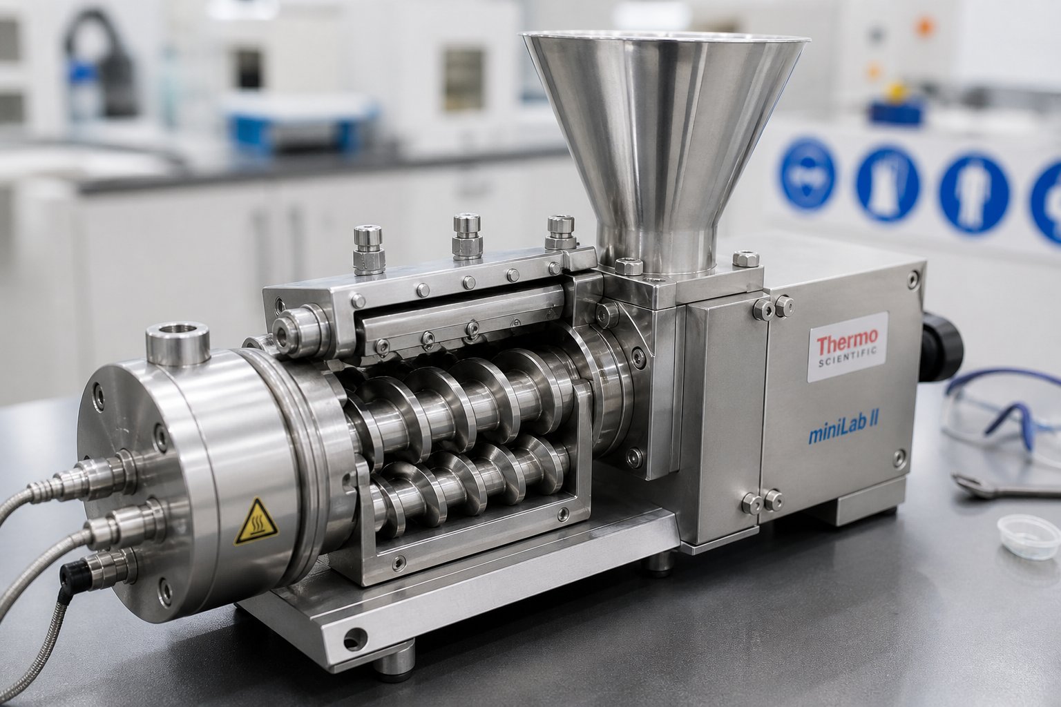 micro twin screw extruder with conical intermeshing screws designed for gram level polymer compounding in r&d laboratories
