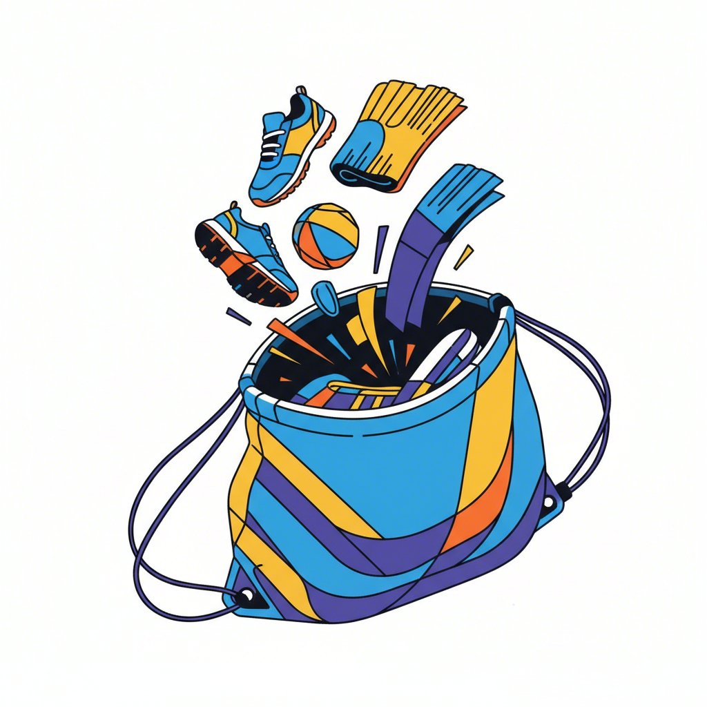 illustration of sports equipment fitting into a large drawstring bag