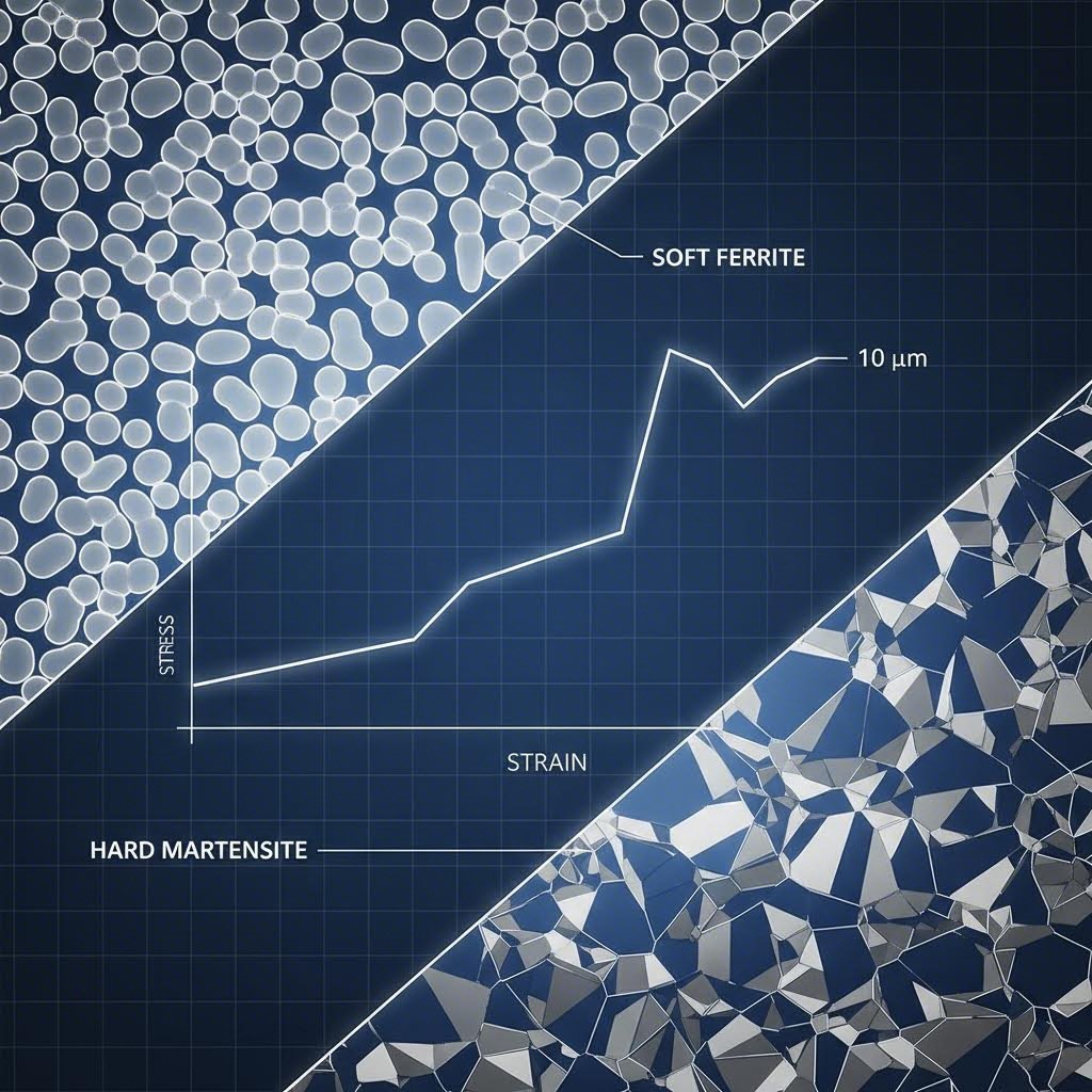 Dual Phase steel microstructure combining ferrite for formability and martensite for strength