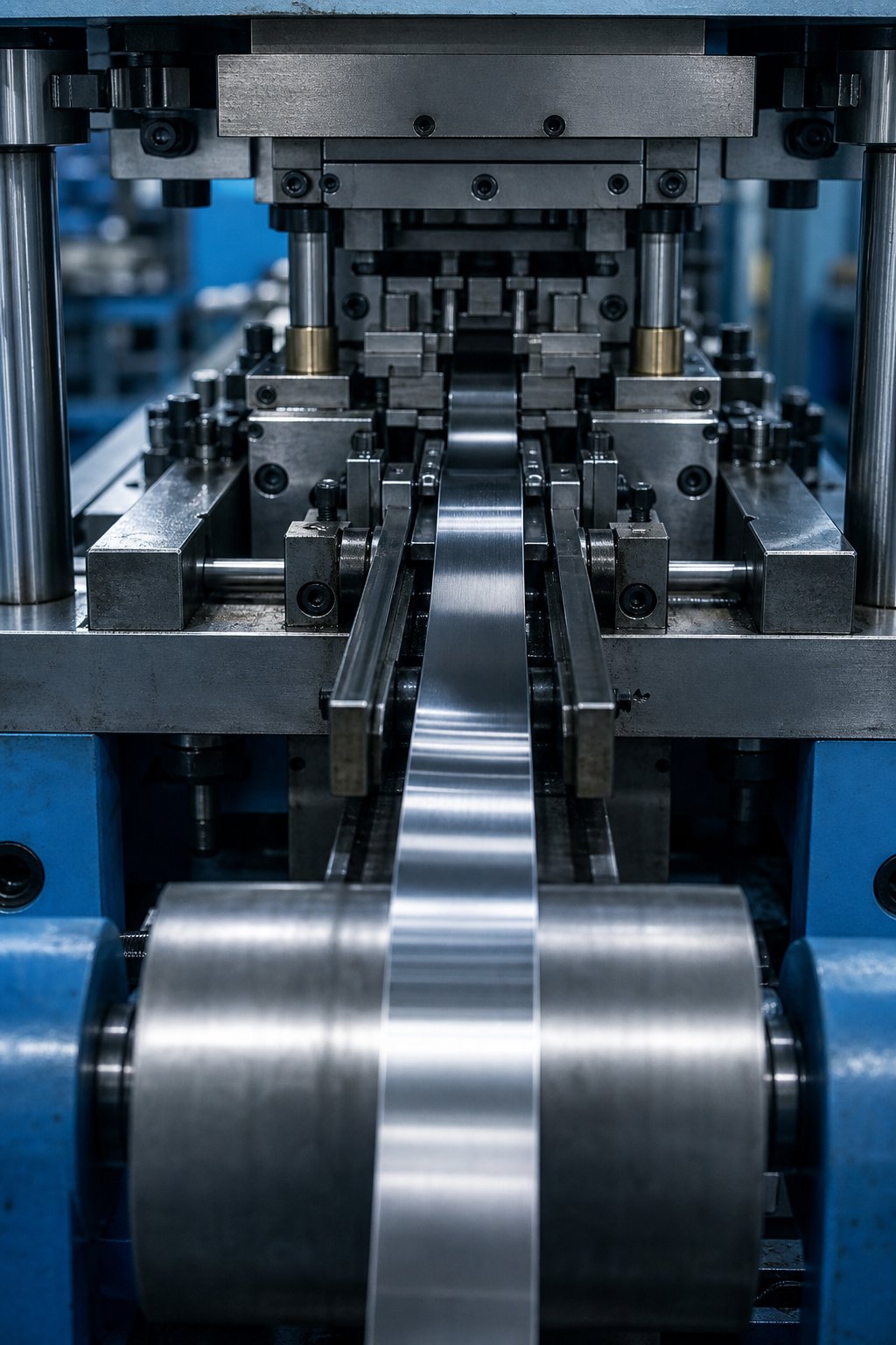info-1-1 stainless steel flat ribbon feeding through a progressive die stamping press for precision part production