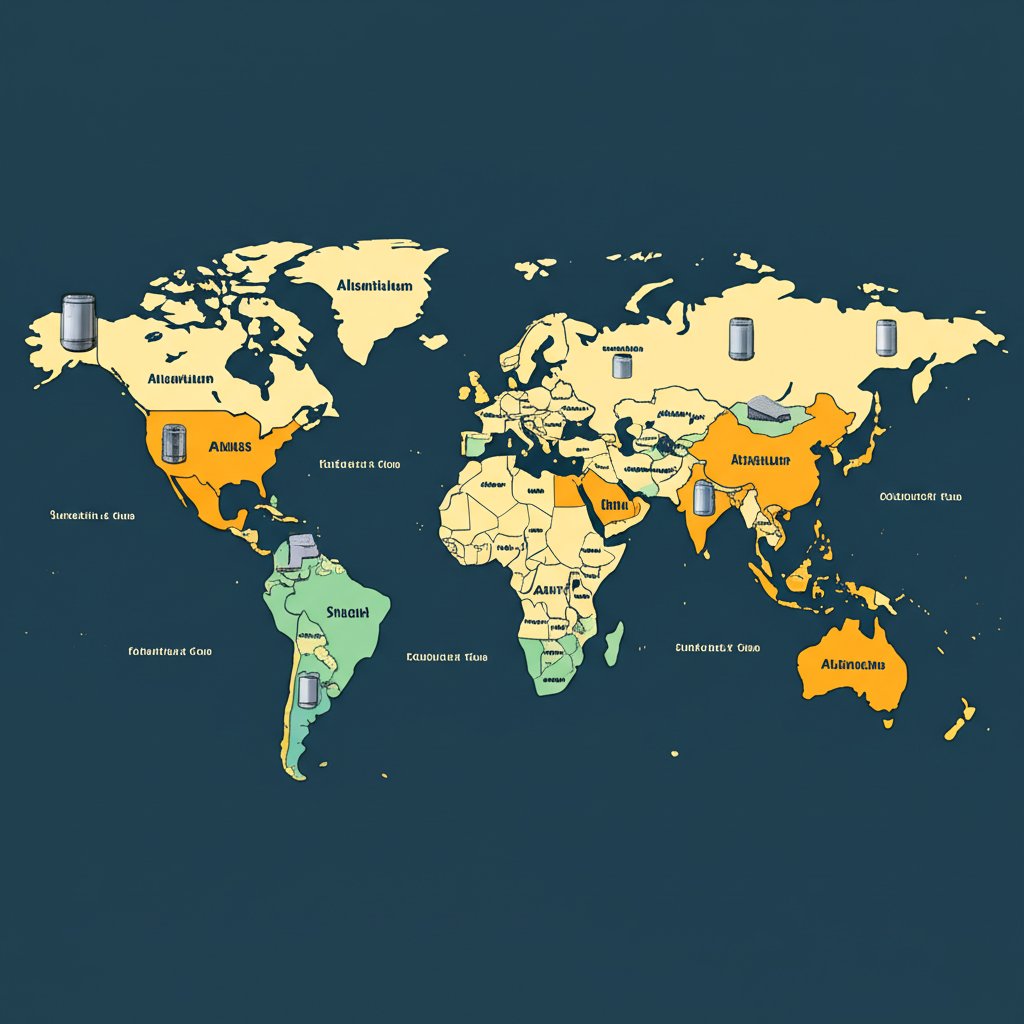 map showing global regions where 'aluminum' or 'aluminium' is used