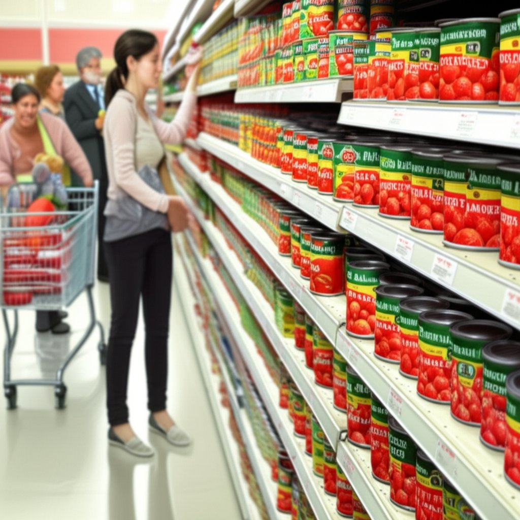supermarket scene showing both 'aluminum' and 'aluminium' labels on products