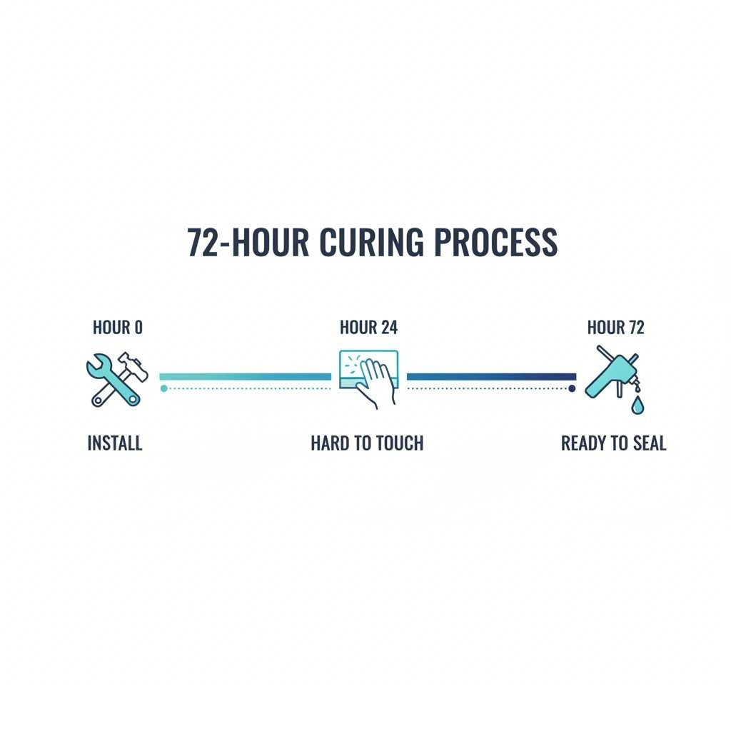 Timeline illustration showing the critical 72 hour grout curing window