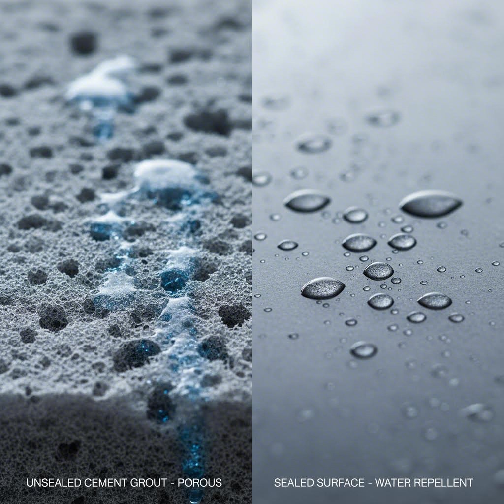 Visual analogy of grout porosity behaving like a sponge before sealing