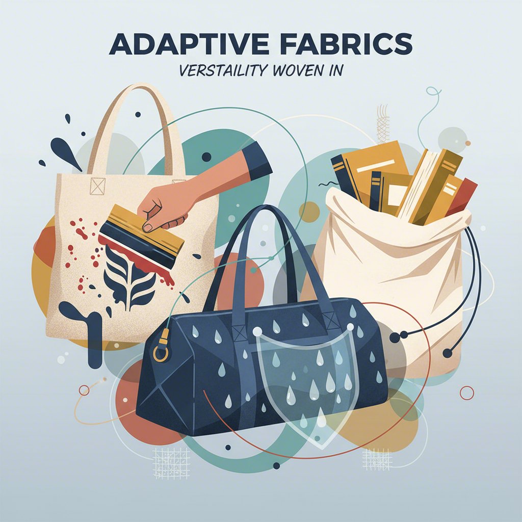 conceptual art showing the durability protection and customization options of solid fabric bags