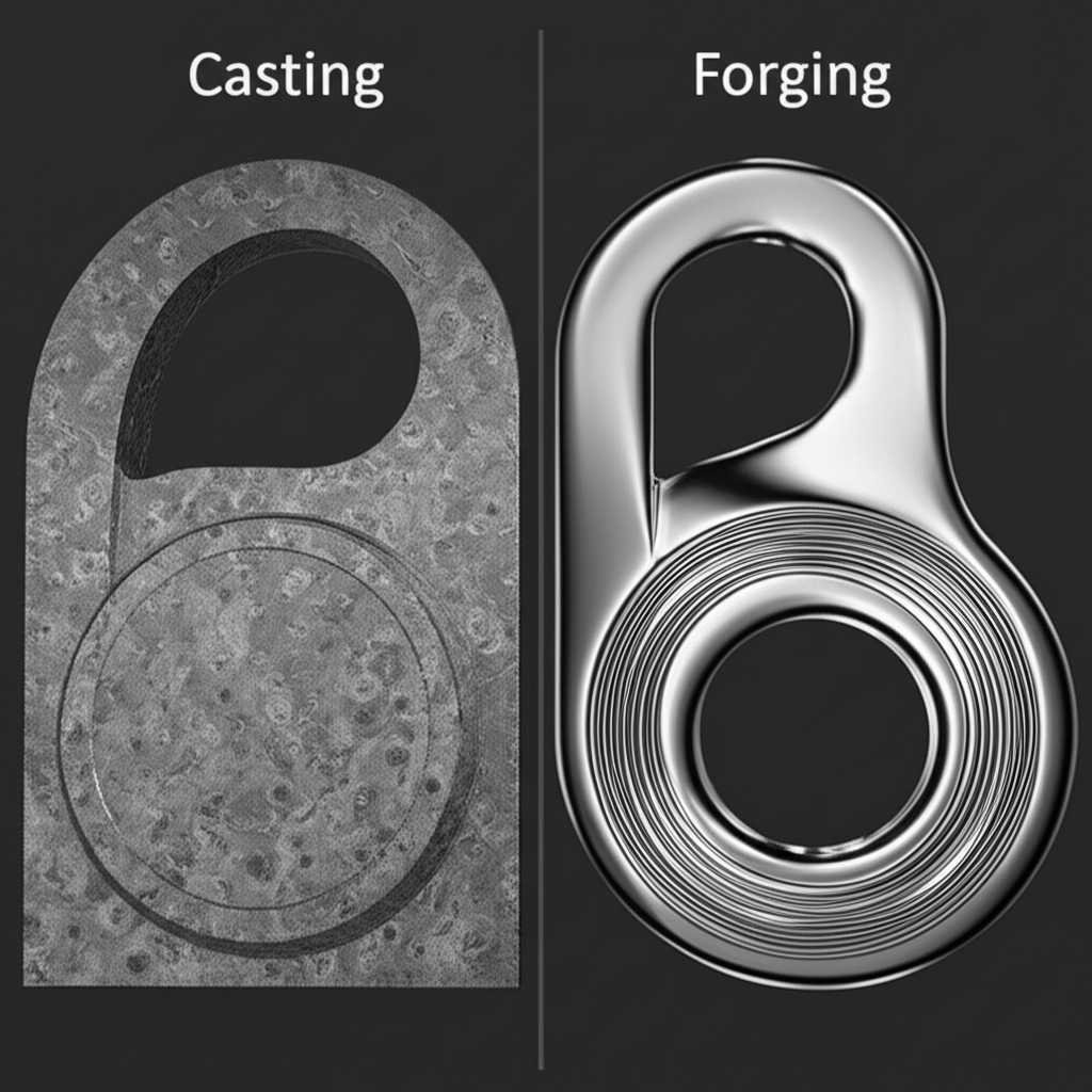 a diagram comparing the random grain structure of casting versus the aligned grain flow of forging