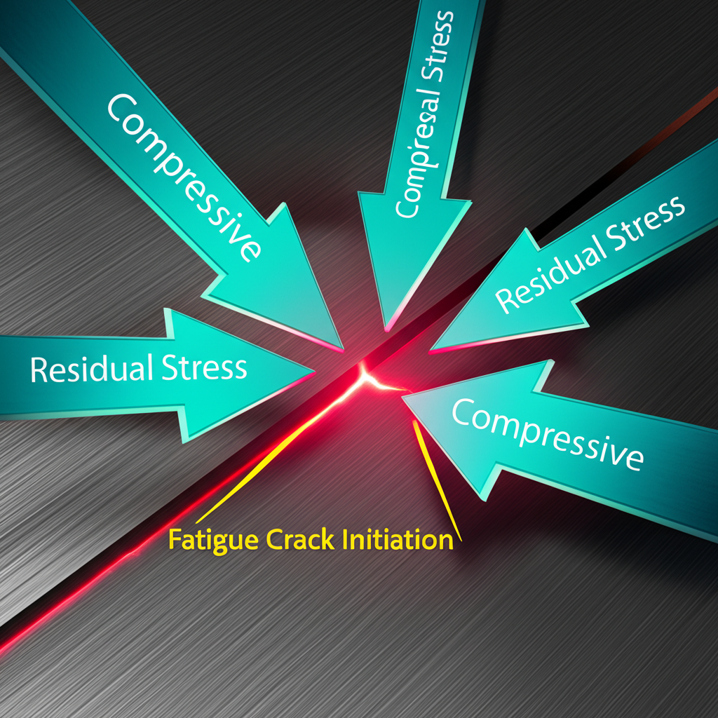 illustration of how compressive surface stress from shot peening improves fatigue resistance in metal