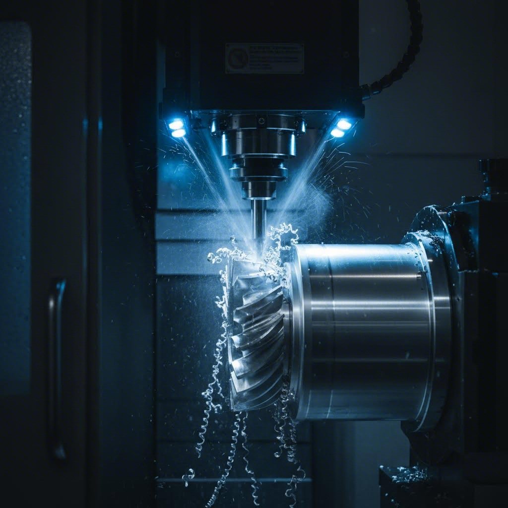 cnc machining center precisely carves billet compressor wheels from solid aluminum for exceptional dimensional accuracy