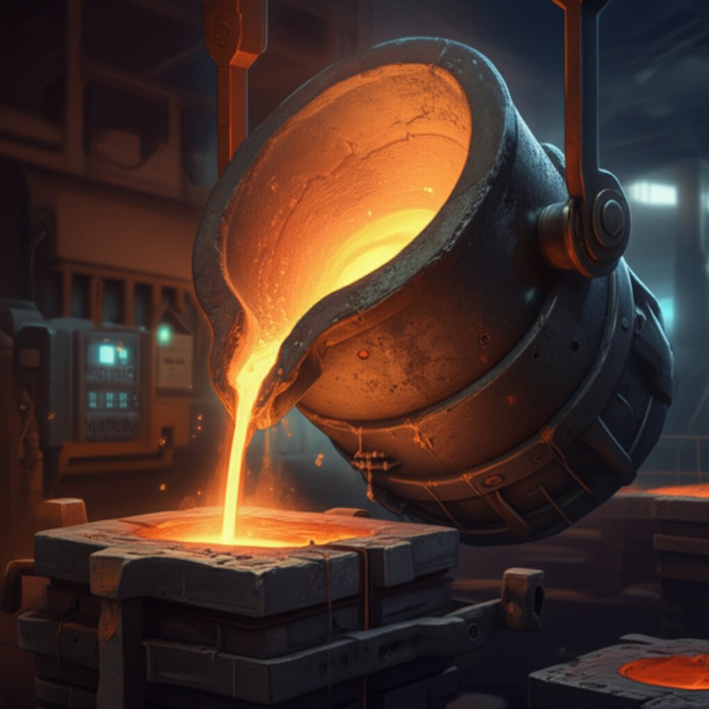 molten aluminium being poured in an industrial foundry illustrating the metal transition at its melting temperature