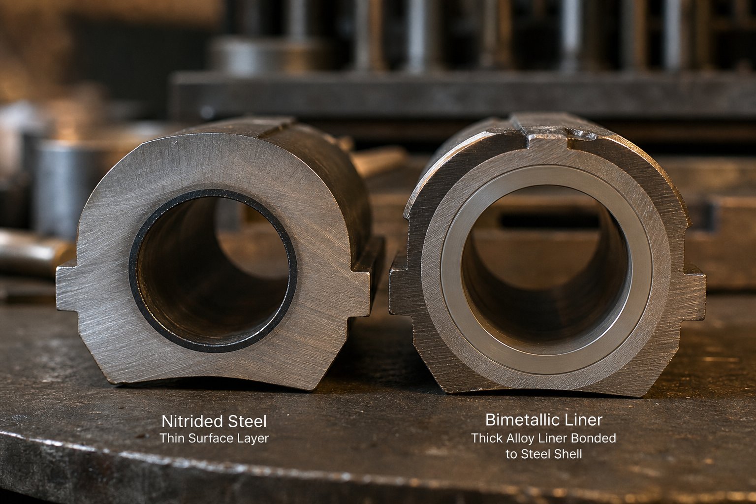 cross section comparison of nitrided steel barrel versus bimetallic barrel with alloy liner construction