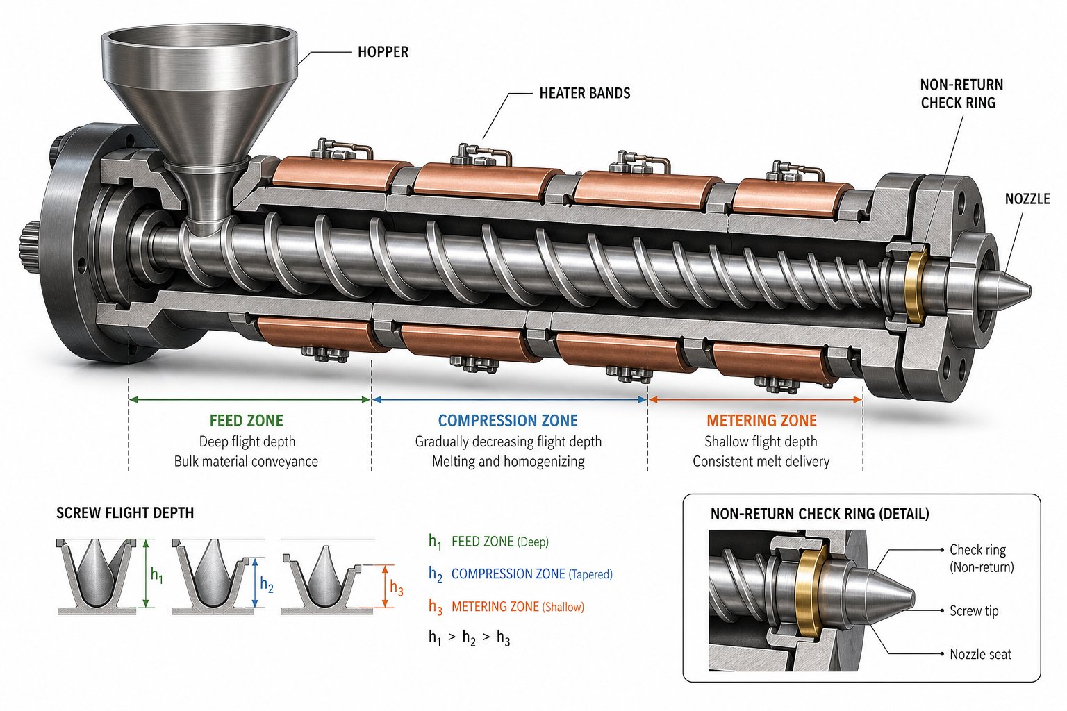 cutaway view of the injection screw barrel showing feed compression and metering zones with non return valve at the tip
